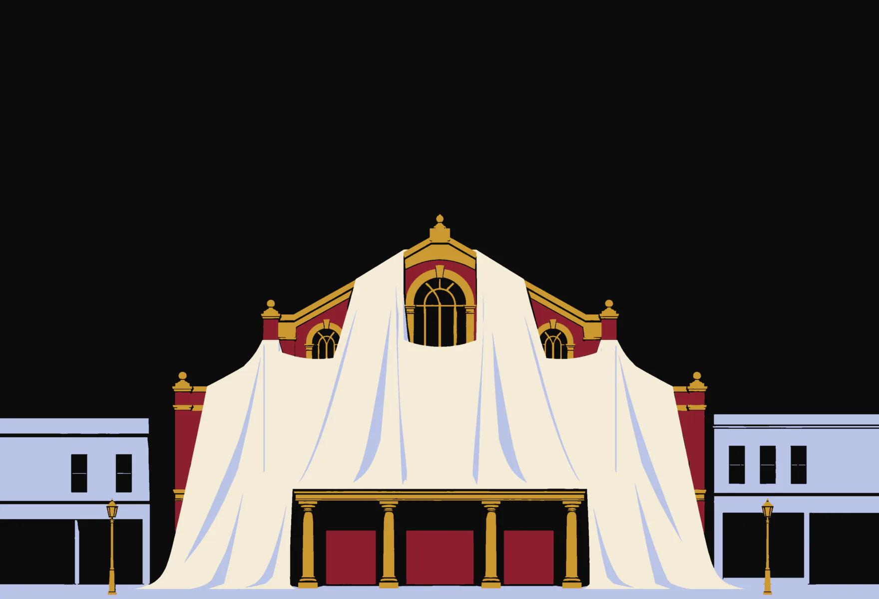 Illustration: the theatre’s front under a dust sheet